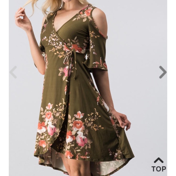 Olive Green Floral Cold Shoulder Dress - Picture 3 of 8